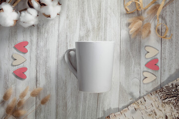 White mug mockup on rustic wood background flat lay copy space.  Valentine's Day, Wedding, Birthday, Party, Sale, Romance, Celebration mockup to add logo, art and text.