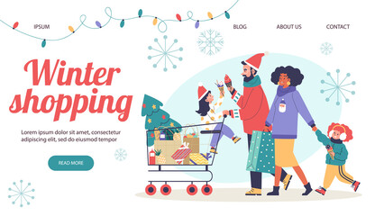 Winter and Christmas shopping website banner layout, flat vector illustration.