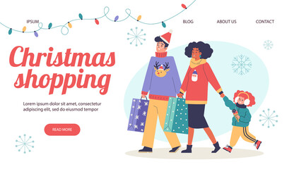 Christmas shopping website with family doing shopping flat vector illustration.