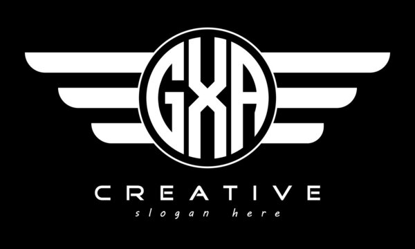 GXA three letter monogram type circle letter logo with wings vector template.