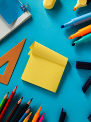 Yellow sticky notes and school supplies on a blue background. School and office supplies. Copy space.