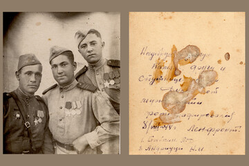 Vintage photo of a portrait of soldiers of the Red Army of the Second World War. Leningrad front