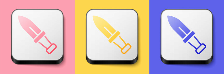 Isometric Dagger icon isolated on pink, yellow and blue background. Knife icon. Sword with sharp blade. Square button. Vector