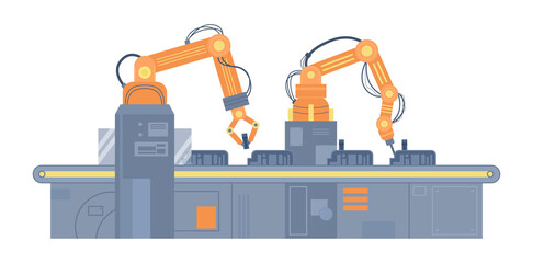 Smart factory production line with robotic arms, vector illustration isolated.