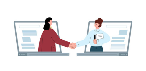 Business women shaking hands from laptop, flat vector illustration isolated.