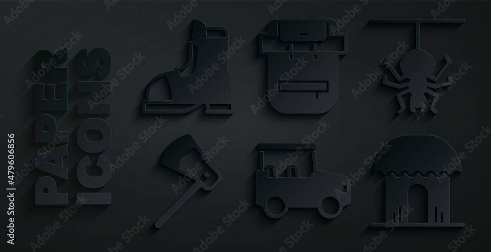 Wall mural set safari car, spider, wooden axe, african hut, hiking backpack and hunter boots icon. vector