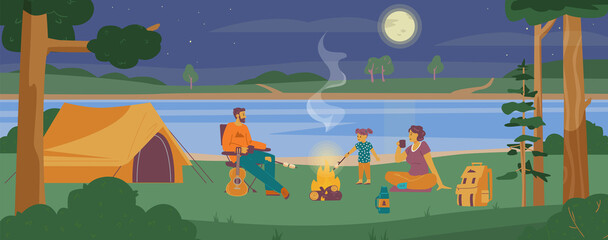 Happy family enjoys landscape at the campsite with tent and bonfire, flat vector illustration.