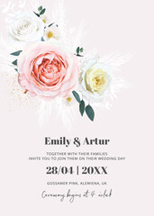 Elegant wedding invite, invitation, save the date card with floral illustration. Vector editable pale pink, light yellow garden rose flowers, camellia, eucalyptus leaves, pampas grass delicate bouquet