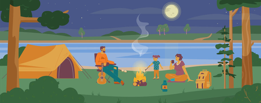 Happy family enjoys landscape at the campsite with tent and bonfire, flat vector illustration.