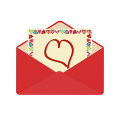 Letter in open red envelope on Valentine's Day. Postcard with frame of hearts on yellow background