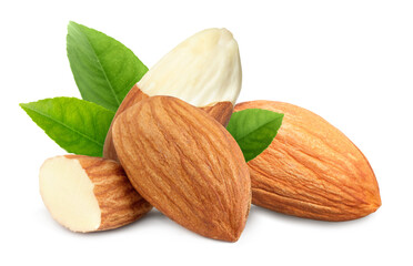 Tasty almonds and fresh green leaves on white background