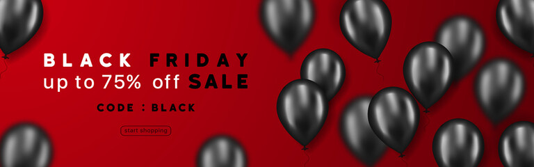 Black Friday banner. Black Glossy Balloons. Buy now. Sale Poster. Up to 75 percent off sale. Start shopping. Ribbon banner with 75 percent discount offer. Sale price sticker message. Vector