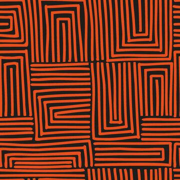 Mexican style abstract background. Seamless vector pattern illustration. Black and orange colors. Doodle sketch. Traditional symbols and lines of Mexico. Wrapping paper design. Ornamental geometry