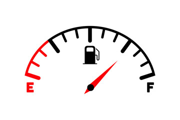 Obraz na płótnie Canvas Fuel indicator icon. Gasoline indicator icon. Fuel gauge on black background. Full tank. Automobile panel, fuel pump sign, yellow empty tank indicator. Vector