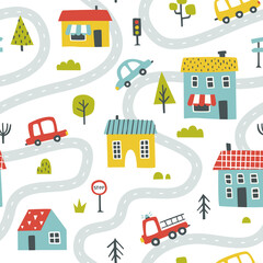 Cute little city map pattern. Simple stylized town with road and cars print for textile, fabric, apparel, nursery.