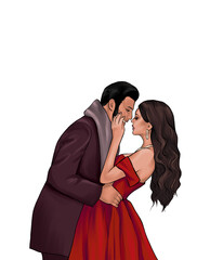 A girl with dark long hair in a red dress. A man with dark hair in a classic suit. A woman in the arms of a man. People hug. Romantic illustration with lovers for Valentine's Day cards