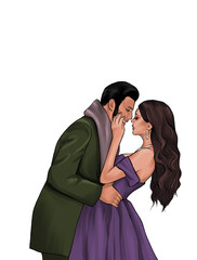 A girl with dark long hair in a purple dress. A man with dark hair in a classic suit. A woman in the arms of a man. People hug. Romantic illustration with lovers for Valentine's Day cards