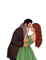 A girl with red long hair in a green dress. A man with dark hair in a classic suit. A woman in the arms of a man. People hug. Romantic illustration with lovers for Valentine's Day cards