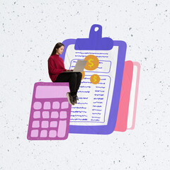 Contempoary art collage. Young girl sitting with laptop and dooing net income calculation