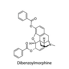 Dibenzoylmorphine molecular structure, flat skeletal chemical formula. Opioid, painkiller, narcotic, analgesic drug used to treat . Vector illustration.