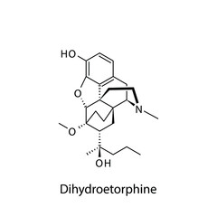 Dihydroetorphine molecular structure, flat skeletal chemical formula. Opioid, painkiller, narcotic, analgesic drug used to treat . Vector illustration.