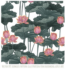 Seamless pattern illustration pink blooming lotus art.