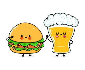 Cute, funny happy hamburger and beer. Vector hand drawn cartoon kawaii characters, illustration icon. Funny cartoon hamburger and beer mascot character concept