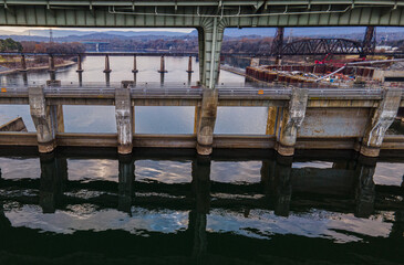several bridges within frame in a river