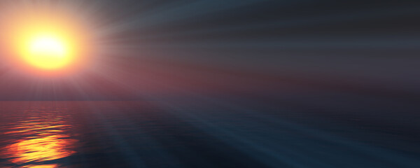 sunset sea sun ray clear sky. 3d rendering