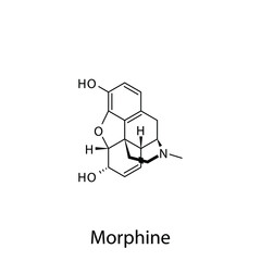 Morphine molecular structure, flat skeletal chemical formula. Opioid, painkiller, narcotic, analgesic drug used to treat . Vector illustration.
