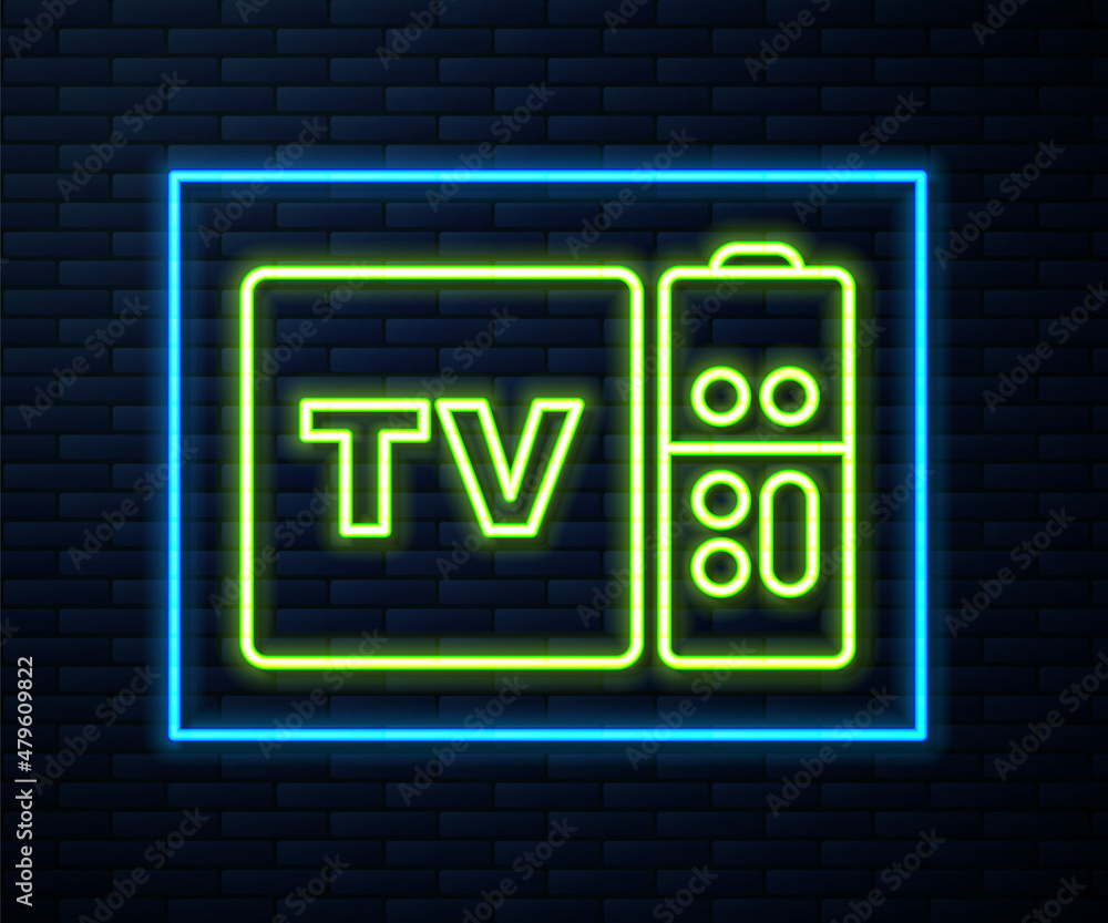Poster glowing neon line multimedia and tv box receiver and player with remote controller icon isolated on 