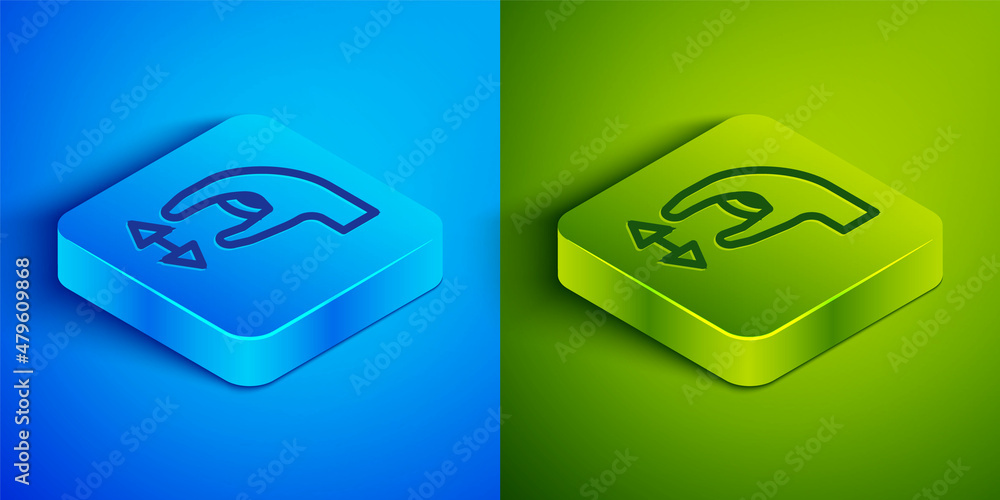 Poster isometric line human standing and showing the size of something with his hands icon isolated on blue