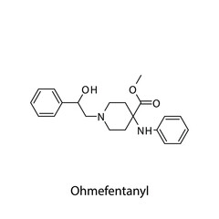 Ohmefentanyl molecular structure, flat skeletal chemical formula. Opioid, painkiller, narcotic, analgesic drug used to treat . Vector illustration.