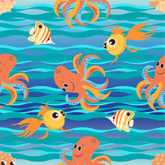 Fototapeta na wymiar Seamless pattern of sea creatures, fish, algae and sea stones and shells on a bright, beautiful, abstract sea background, vector illustration