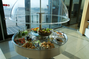 FRANKFURT, GERMANY - 11 NOV 2017: Buffet with hot and cold dishes in the airport frequent flyer business lounge at Frankfurt Airport