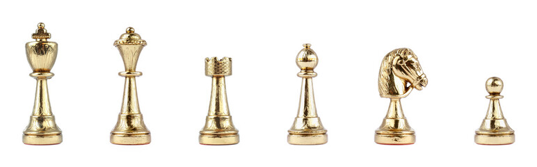 Fototapeta na wymiar Set with golden chess pieces on white background. Banner design