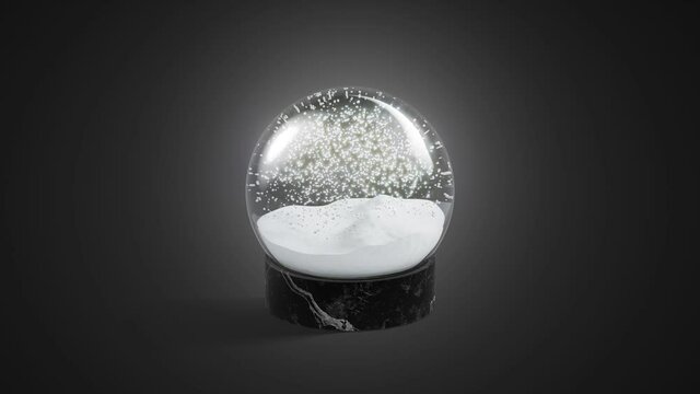 Blank glass snowglobe with snowfall mockup, looped rotation, dark background
