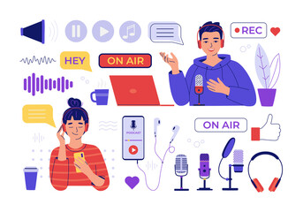 Large set with elements of podcast, sound recording, listening to audio, live broadcast on a white background. Microphone, headphones, laptop, speech bubbles. Isolated flat vector illustration
