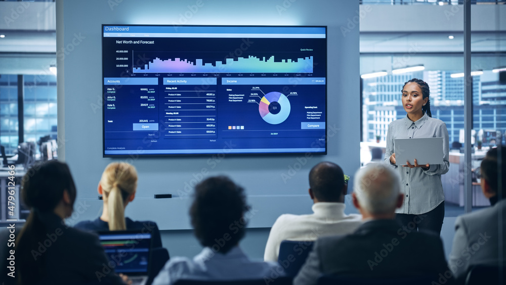 Poster Presentation Event: Black Businesswoman Talks about e-Commerce Product Showing TV with Big Data Statistics, Charts, Revenue Growth Infographics. Press Conference for Digital Entrepreneurs.