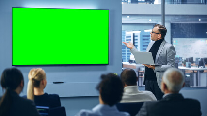 Modern Product Presentation Event: Caucasian Businessman Speaks, Uses Green Chroma Key Screen Wall...