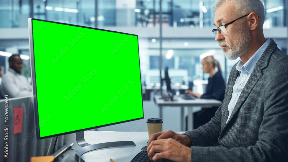 Poster Handsome Senior Specialist Working on Desktop Computer with Green Chroma Key Screen Display in a Busy Corporate Office. Mature Male Manager Creatively Working In Multi-Ethnic International Workplace