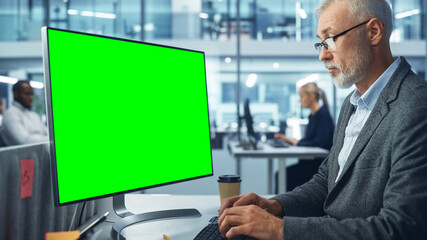 Handsome Senior Specialist Working on Desktop Computer with Green Chroma Key Screen Display in a Busy Corporate Office. Mature Male Manager Creatively Working In Multi-Ethnic International Workplace