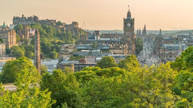 Time lapse of Princes Street and Balmoral Hotel from Calton Hill, UNESCO World Heritage Site, Edinburgh, Scotland