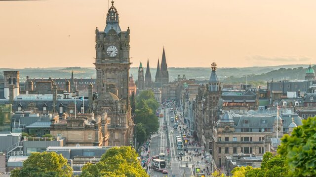Time lapse of Princes Street and Balmoral Hotel from Calton Hill, UNESCO World Heritage Site, Edinburgh, Scotland