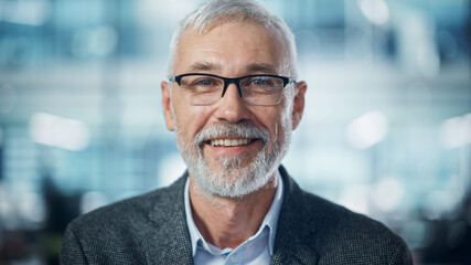 Portrait of Successful Middle Aged Bearded Man Looking at Camera and Smiling. Handsome Senior...