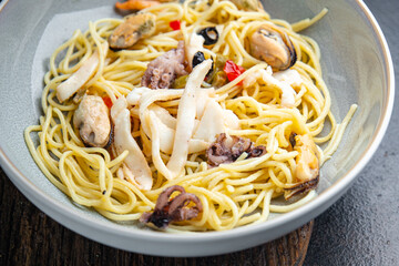 pasta seafood spaghetti healthy meal food snack on the table copy space food background rustic top view