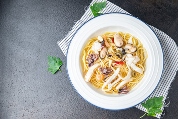 pasta seafood spaghetti healthy meal food snack on the table copy space food background rustic top view