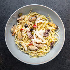 pasta seafood spaghetti healthy meal food snack on the table copy space food background rustic top view
