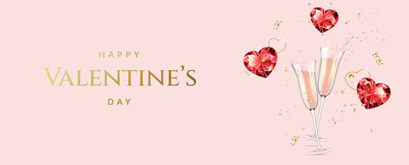 Romantic Valentine's Day background with champagne flutes and red diamond hearts with golden confetti.