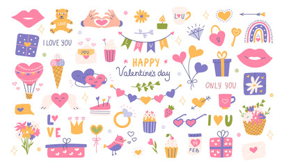 Big set Valentines Day with decorative elements, symbols of love, phrases. Vector flat illustration for stickers, postcards